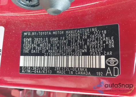 2019 Toyota Corolla Le z USA, uszkodzony, nr VIN 2T1BURHE5KC225668